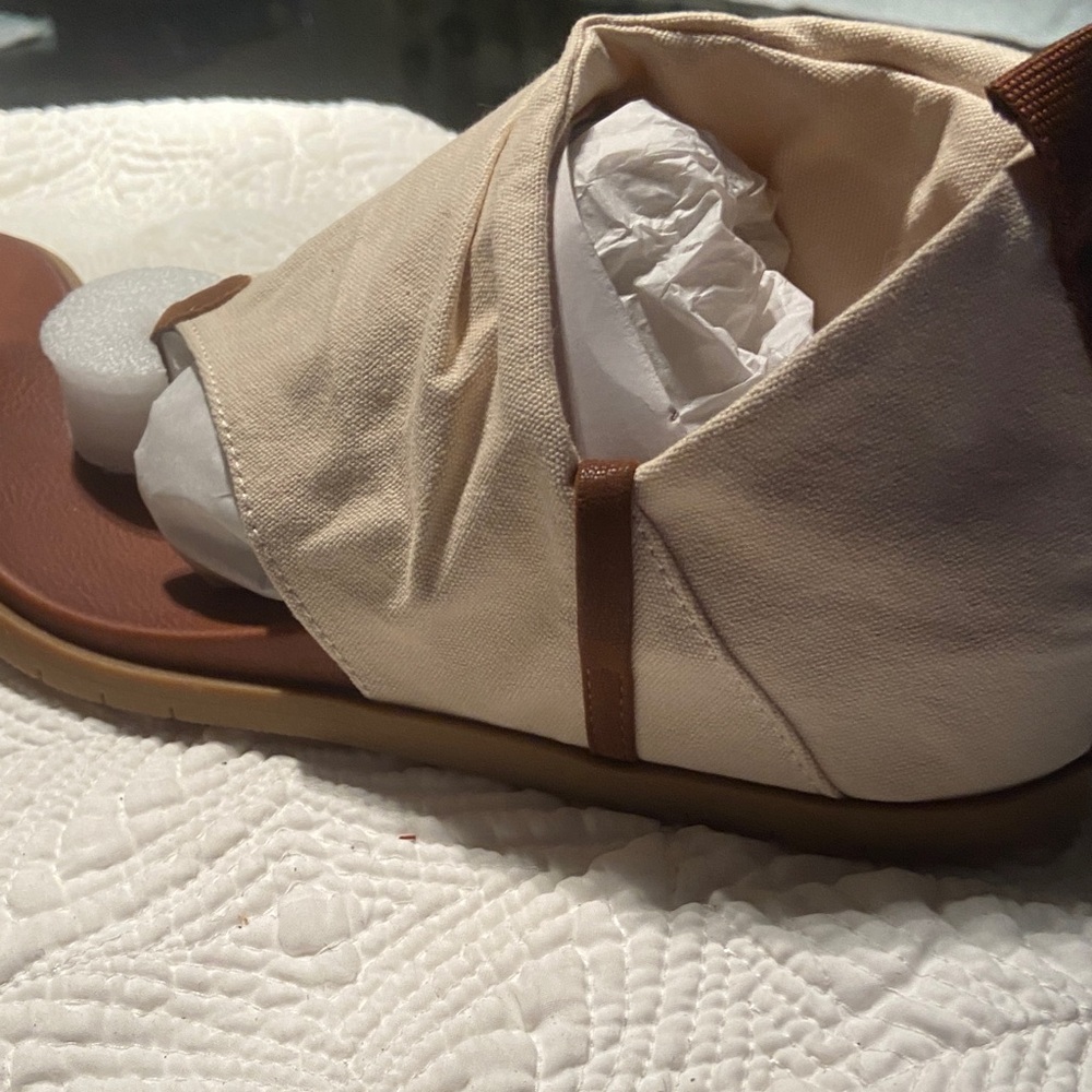 MIA Cream Canvas Wrap Sandals with Brown Footbed - Picture 3 of 5